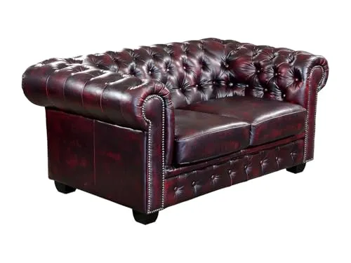 Chesterfield Ledersofa 2-Sitzer Brenton - Vintage Leder in Rot-Schwarz - Sofas & Couches: Edles Chesterfield 2-Sitzer Sofa aus hochwertigem Vintage-Leder mit atemberaubender Patina-Beschichtung für mehr Glanz und Komfort.