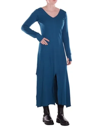 Vishes Alternative Bekleidung - Damen Kleid Knielang aus Baumwolle - V-Ausschnitt, Daumenlöcher, einfarbig, weich und bequem türkis 54