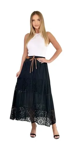 Mississhop Langer Baumwollrock mit Spitze & Gürtel 3094 Schwarz - Damen Röcke – A-Linien Maxirock aus 100% Baumwolle mit romantischen Spitzeneinsätzen und elastischem Bund für optimalen Tragekomfort.
