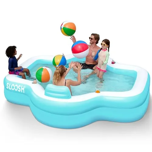 SLOOSH Aufblasbarer Swimmingpool mit Sitzen, 305 x 257 x 66 cm, überirdischer Familienpool mit Rückenlehne und Getränkehaltern, Planschbecken für Sommerparty im Garten oder auf dem Rasen, Cyan