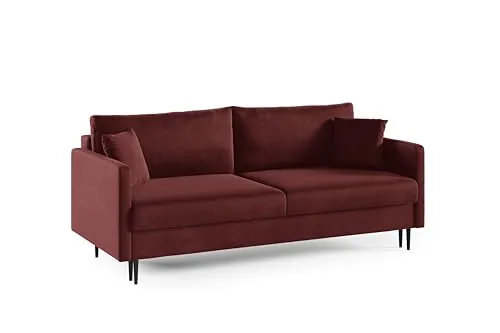 LIKMA 3 Sitzer Sofa 209 cm mit Schlaffunktion und Bettzeugbehälter, Velvet Schlafsofa mit Bettkasten, Moderne Couch, Sofagarnituren, Bettsofa Farbe: Maroon, Stoff: Velours Riviera 59