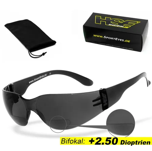 HSE® SportEyes® BIFOKAL Brille +2,50 DIOPTRIEN - Sportbrille mit integrierter Lesehilfe und UV400 Schutzfilter. Ideal für Aktivitäten mit hohem Tragekomfort, bruchfestes HLT Sicherheitsglas für präzises Sehen.