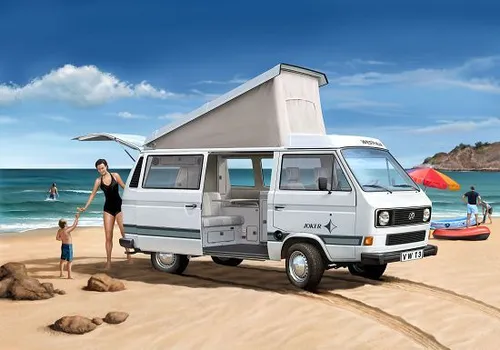 Revell 07344 Volkswagen T3 Camper Bausatz 1:25 - Modellbausatz des beliebten Volkswagen T3 Campers, ideal für Modellbau-Enthusiasten und Camping-Fans. Detailgetreue Nachbildung für kreative Bauprojekte.