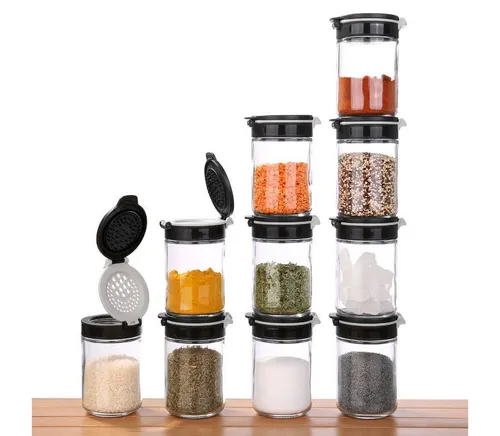 yourGEAR Gewürzstreuer Double-Flip - 10 Glasdosen à 200 ml - Praktisches Gewürzgläser-Set mit 10 Dosen aus hitzebeständigem Borosilikatglas. Der innovative Doppel-Klapp-Deckel ermöglicht einfaches Befüllen und Entnehmen. Ideal für eine ordentliche Gewürzaufbewahrung!