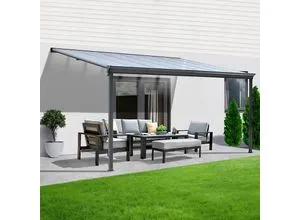 Terrassenüberdachung Aluminium Bausatz 312 cm - Außenanbau: Robuste, nichtrostende Aluminium-Terrassenüberdachung mit Sichtschienen und Hohlkammerplatten für optimalen Schutz und ansprechendes Design.