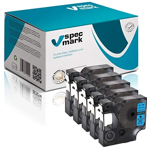 specmark Kompatibel für DYMO D1 45016 S0720500 Schriftband 12mm x 7m Satz x 5 St. Schwarz auf Blau Kompatibel mit LM Label-Manager LP Label-Point LW -Writer DUO
