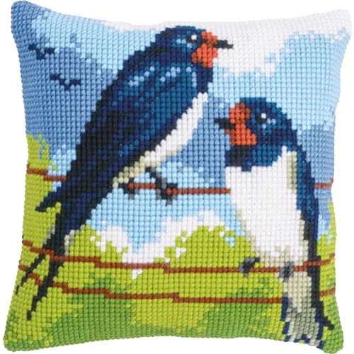 Vervaco Kreuzstich Kissen Set Schwalben - Kreuzstich-Set für Anfänger und Profis, enthält alles für kreative Entspannung. Hochwertige Materialien und lebendige Farben für ein individuelles Kissen (ca. 40 x 40 cm).