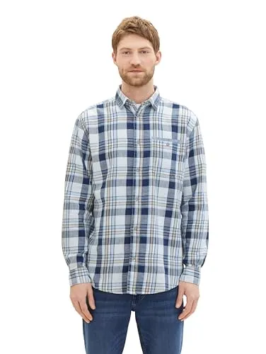 TOM TAILOR Herren Regular Fit Hemd mit Karomuster & Brusttasche, 34630 - Blue White Beige Indigo Check, XL