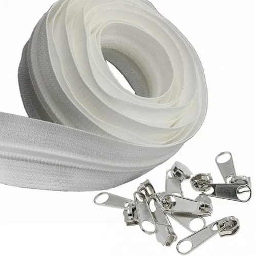 5# Weiß Nylon Reißverschlüsse 9.1m mit 25 Stück silbernen Schiebern für DIY Nähen Schneider Handwerk Tasche Leekayer