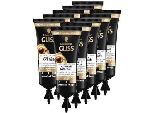 Gliss SOS-Intensiv-Kur Ultimate Repair (10x 15 ml) - Die Gliss Haarkur mit Keratin für die schnelle Rekonstruktion der Haarstruktur in nur 1 Minute. Ideal für stark geschädigtes Haar, bietet intensive Pflege und einfache Anwendung für unterwegs.
