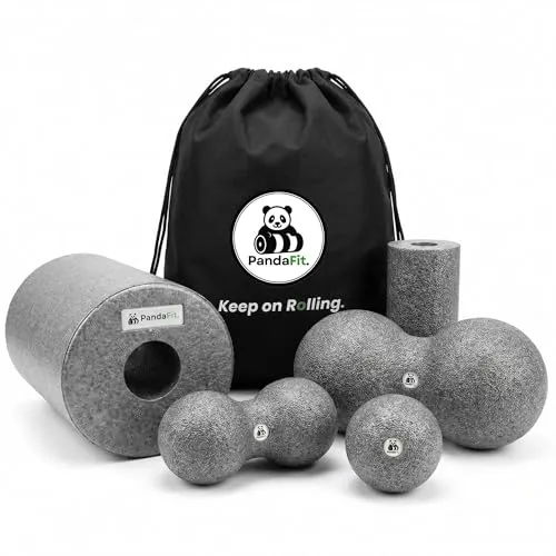 PandaFit Faszienrollen Set 5-teilig mit Turnbeutel, für Rücken und Wirbelsäule, Faszienrolle 30x15 cm, 2 x Duoball, Minirolle, Faszienball, Massage-Set zur Regeneration, EPP Hartschaum