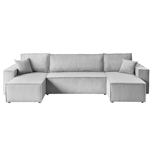 Lookway Ecksofa Carlos U-Form mit Schlaffunktion & Bettkasten – Großes Schlafsofa 130x269 cm, Modernes Sofa mit Stauraum, Bequeme Polsterecke für Wohnzimmer (Hellgrau - Poso 110)