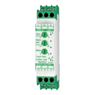 Schalk NR 3 Nachlaufrelais mit Einschaltverzögerung 230V AC - Zeitrelais für vielseitige Anwendungen, ideal zur Lüftersteuerung mit einstellbaren Laufzeiten von 0,3 bis 1800 Sekunden.