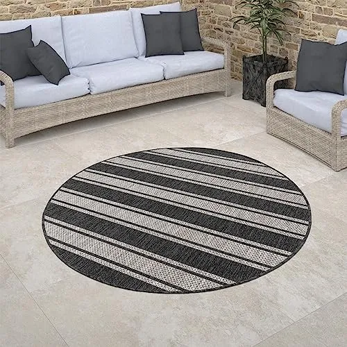 Paco Home Outdoor Teppich rund wetterfest & pflegeleicht Flachgewebe in Sisal-Optik mit Bordüre UV-beständig Modern für Balkon, Terrasse, Garten, Wohnzimmer, Grösse:200 cm Rund, Farbe:Grau