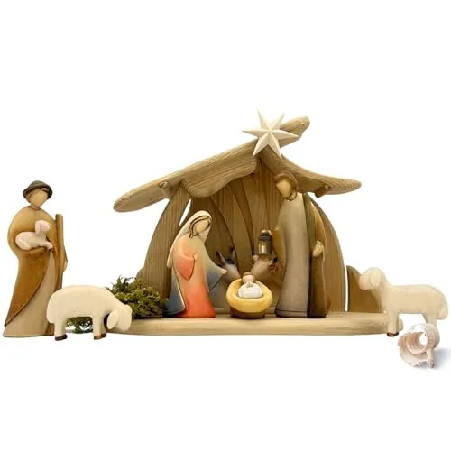 Akantus Leonardo Weihnachtskrippe aus Holz: 8er Set mit Stall HL.Nacht klein bemalt (13 cm)