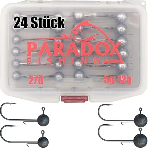 Paradox Fishing Jigköpfe Set 2/0 24x I je 6X 5g/7g/10g/12g I Jig Köpfe Gummifisch mit Jighead für Gummifische Zander Barsch Angelzubehör