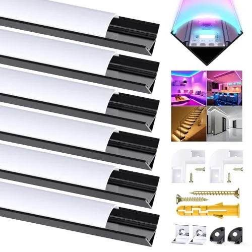 Chesbung LED Profil Schwarz V Form Diffusor, 6Pack Aluminiumkanal 3.3ft/1Meter Aluminium Profil mit Milchiger Weißer Abdeckung, 45 Grad Anschlüsse für LED Streifen Lichter Aluprofil
