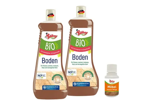 poliboy 99A3001, Bio Reiniger - 2x1 Liter - mit Möbel Probe Fussbodenreiniger (zur Reinigung aller Fliesen- und Laminatböden - Made in Germany)