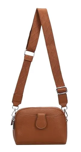 ITALYSHOP24 Damen Tasche Crossbody Umhängetasche Bodybag Schultertasche Metallic Handytasche Crossover Kunstleder Handtasche Reise Cognac