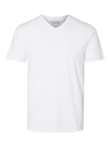 Herren Selected V-Ausschnitt T-Shirt | Einfarbiges Basic Kurzarm Shirt SLHNEWPIMA | Stretch Baumwolle, Farben:Weiß, Größe:L