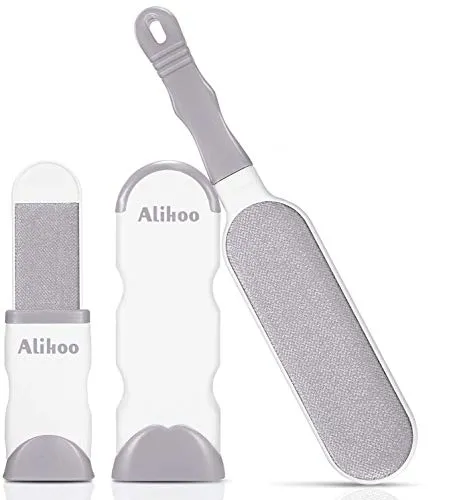 Alihoo Bürste Haarentferner, Pet Pinsel,Neu mit doppelseitiger Fusselbürste und selbstreinigender Basis,perfekt für Möbel,Teppich (Large&Travel Size Brush) Grau