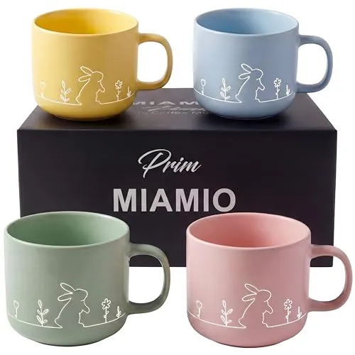 MiaMio Frühlings Tassen Set – 4 x 450 ml Keramik Kaffeetassen - Buntes 4-teiliges Set aus Keramik für Kaffee und Tee, ideal für fröhliche Momente und stilvolle Tischdekoration.