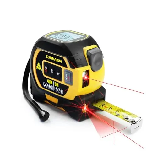 Fitdays 4-in-1 Laser-Entfernungsmesser 40 m mit Großem LCD-Display | Digitales Laser- Messgerät in/ft/m Berechnungen | Maßband 5M | Kreuzlaser für Waagerechte/Senkerechte | (Gelb-HS)