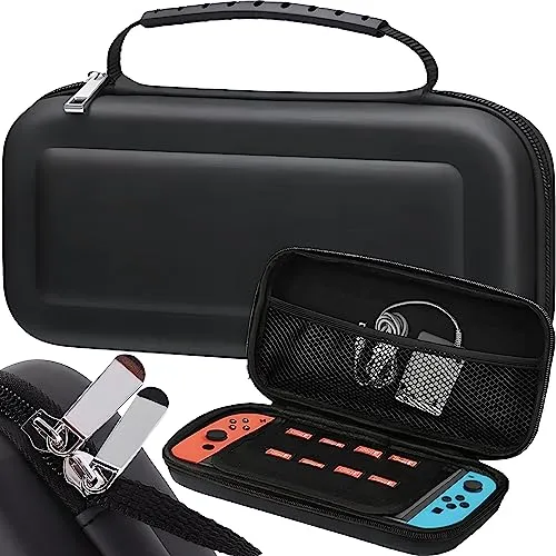Retoo Tasche Kompatibel mit Nintendo Switch, Hülle Switch OLED, Schutzhülle Harte Tragetasche, 4 Bussen, 10 Spielefächern, Zubehöraufbewahrung, Kompakt, Eva Tasche mit Komfortgriff, Schwarz