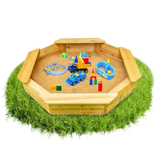 Sandkasten Sally 6-eckig aus Holz, 125x125 cm mit Bodenplane - Robuster 6-eckiger Sandkasten aus langlebigem Tannenholz, inklusive schwarzer Bodenplane für optimalen Schutz. Ideal für sicheres Spielen im Freien!