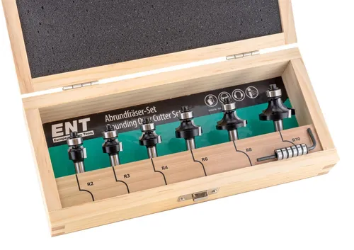 ENT 09001 6-tlg. HW Abrundfräser Set mit Kugellager - Fräsmaschinen-Bits für präzises Abrunden, ideal für Weich- und Hartholz, mit langlebigen Hartmetallklingen und Kugellager für optimale Führung.