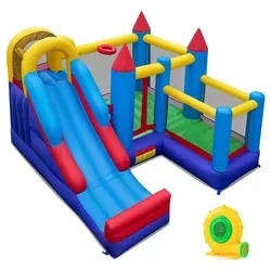 COSTWAY Hüpfburg für Kinder mit Gebläse, Rutsche & Basketballkorb - Erleben Sie unvergesslichen Spielspaß mit dieser aufblasbaren Hüpfburg für Kinder von 3 bis 12 Jahren. Mit Rutsche, Kletterwand und Basketballkorb fördert sie Bewegung und soziale Fähigkeiten. Robuste Materialien garantieren dauerhaften Spaß!