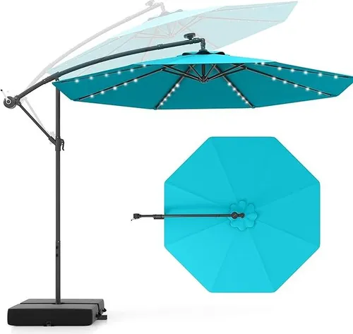 KOMFOTTEU Ampelschirm LED Solar Ø300cm – Neigbarer Gartenschirm mit Kurbel