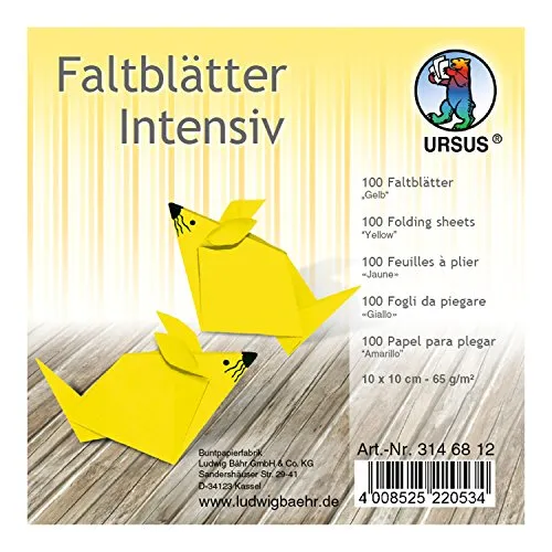 Ursus 3146812 - Faltblätter Uni intensiv, gelb, ca. 10 x 10 cm, 65 g/qm, 100 Blatt, aus Plakatpapier, durchgefärbt, für kleine und große Origami Künstler, ideal für vielseitige Bastelarbeiten