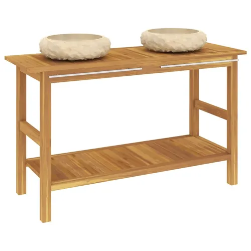 vidaXL Waschtisch mit Creme Marmorbecken aus massivem Teakholz - Stilvoller Waschtischunterschrank aus langlebigem Teakholz mit zwei eleganten Marmorbecken. Praktisches Design für eine einfache Reinigung und optimale Aufbewahrung im Badezimmer.