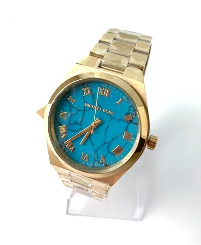 MICHAEL KORS MK7460 Damenuhr - Elegante Armbanduhr in Gelbgold mit türkisfarbenem Zifferblatt, wasserdicht bis 50 m, ideal für stilbewusste Damen.