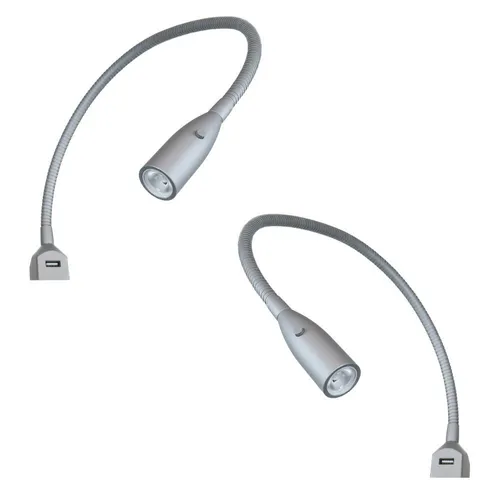 kalb Flexible LED Bettleuchte Silbergrau Warmweiß mit USB-Ladefunktion 2er Set - Moderne LED Bettleuchte mit flexiblem Schwanenhals für individuelle Positionierung. Dank integrierter USB-Ladestation wird Ihr Smartphone bequem während des Lesens geladen. Stilvolles Design und einfache Bedienung für jeden Nachttisch.