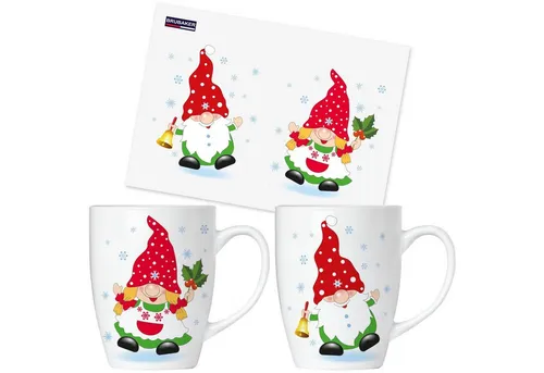 BRUBAKER Tasse Kaffeetassen Weihnachtszwerge mit Grußkarte, 2-tlg., Keramik, Kaffeebecher - 300 ml Tassen Geschenkset - in Geschenkbox