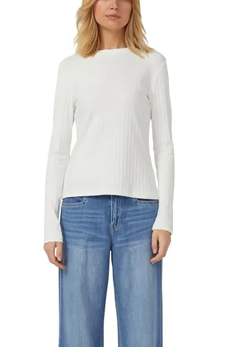 s.Oliver Damen T-Shirt 2176300 in Weiß, Größe 46 - Stylisches Rundhals Langarm-T-Shirt in Slim Fit, mit feiner Rippstruktur und leicht taillierter Passform für einen modischen Look.