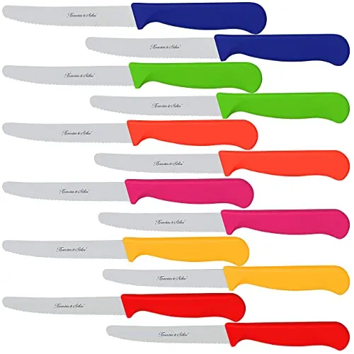 Rosenstein & Söhne Brotzeitmesser: 12er-Set bunte Frühstücksmesser mit Wellenschliff, 11,4cm Klingenlänge (Frühstückmesser, Wellenschliff Messer, Grill)