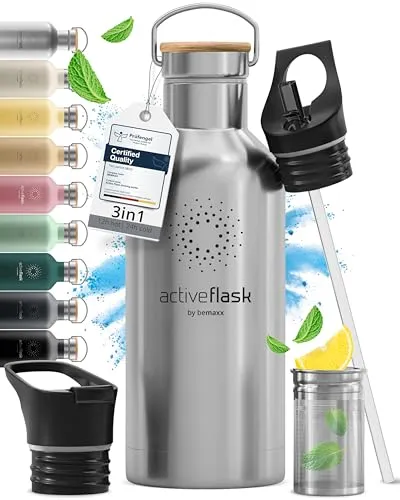 Trinkflasche Edelstahl mit Strohhalm, Infuser + 3 Deckel: BPA-frei, Auslaufsicher, Kohlensäure geeignet - Wasserflasche Fahrrad Thermosflasche Isoliert Isolierflasche Sport Wasser Flasche Kinder Tee