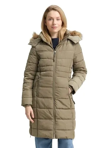 TOM TAILOR Damen Puffer-Mantel mit abnehmbarer Kapuze in Smoked Olive - Stylischer Wintermantel mit abnehmbarer Kapuze, praktischen Reißverschlusstaschen und Rippbündchen. Ideal für kalte Tage und bietet durch den 2-Wege-Reißverschluss optimale Bewegungsfreiheit.