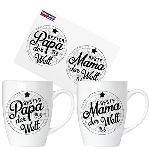 BRUBAKER Beste Mama & Bester Papa der Welt Tassen Set aus Keramik - 2 Kaffeebecher 300 ml - Kaffeetassen mit Grußkarte und Geschenkpackung
