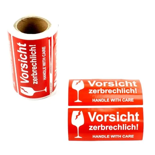 GoodMarkt vorsicht zerbrechlich aufkleber – leuchtrot Warnetiketten auf rolle 102x48mm – selbstklebend 250 Labels –Handle with care – Vorsicht Glas Aufkleber – Fragile Attention Versandaufkleber