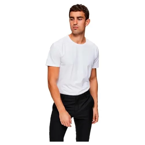 Herren Selected Basic T-Shirt | Einfarbiges Rundhals Kurzarm Shirt SLHNEWPIMA | Jersey Stretch Baumwolle, Farben:Weiß, Größe:S