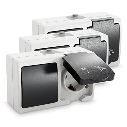 greate 3x Aufputz Schalter Steckdose Kombination IP44 - Spritzwassergeschützt für Feuchträume, ideal für Keller, Garage und Werkstatt