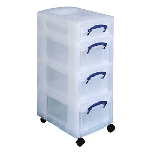 Really-Useful-Box Aufbewahrungsbox mit Rollen, 4L/9L - Lagerboxen mit 4 transparenten Schubladen und Rollen für einfache Mobilität. Ideal für Haushalt, Werkstatt oder Büro, mit klarem Blick auf den Inhalt.