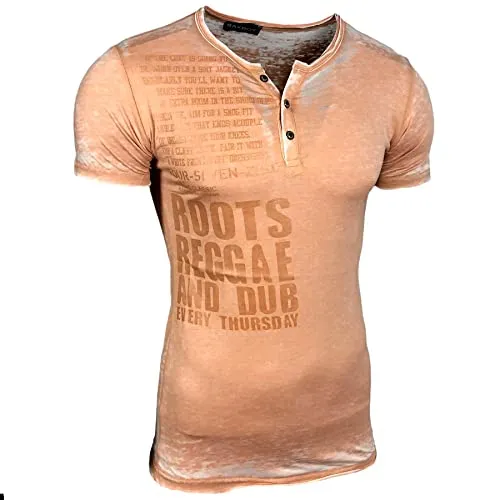 Herren Kurzarm Verwaschen Rundhals T-Shirt Slim Fit Design Fashion Top Print Shirt 7011, Farbe:Camel, Größe:XL