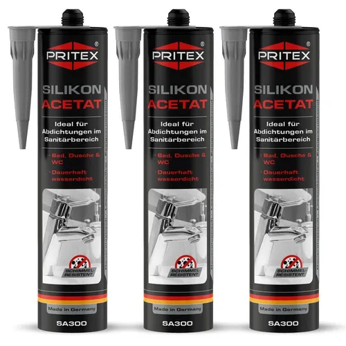 Silikon Sanitär Grau 3 x 300 ml Acetat für Bad, Dusche und WC Dichtstoff