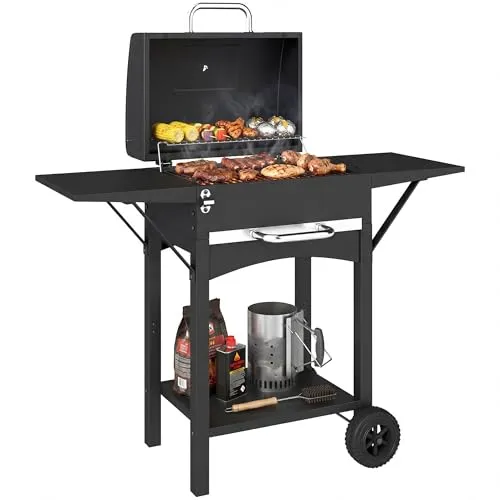 Holzkohlegrill BBQ Smoker mit Deckel und Seitentischen