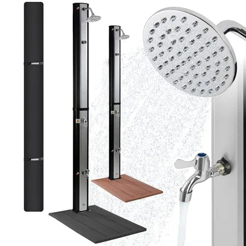 Arebos Solardusche 35L mit Bodenelement und Thermometer - Gartendusche 35L, umweltfreundlich mit integriertem Thermometer, für angenehme Wassertemperaturen bis 60°C, inklusive rutschfestem Bodenelement für sicheren Stand und einfache Montage.